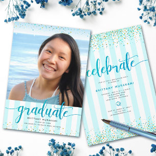 Turquoise glitter script graduation photo modern invitation