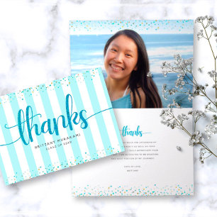Turquoise glitter script modern graduation photo thank you card
