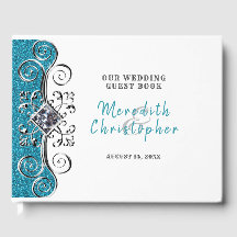 Turquoise Glitter Silver Bling Wedding Guest Book
