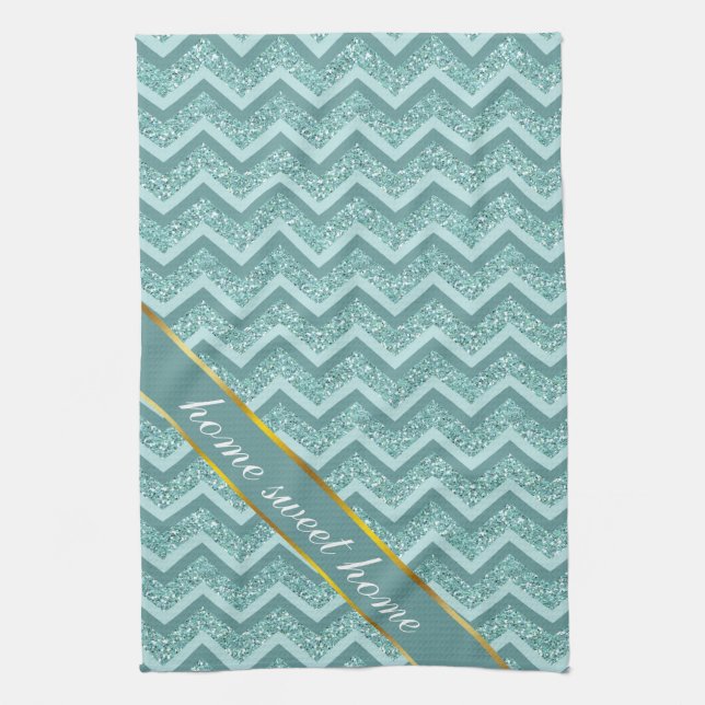 Turquoise Glitter ZigZag Pattern Kitchen Towel (Vertical)