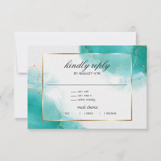 Turquoise Gold Abstract Marbled RSVP Card (Front)