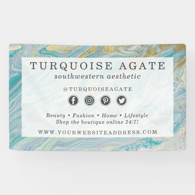 Turquoise & Gold Agate Stone Geode Marble Swirl Banner (Horizontal)