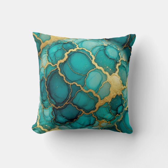 Turquoise + Gold Alcohol Ink Marble Throw Pillow (Front)