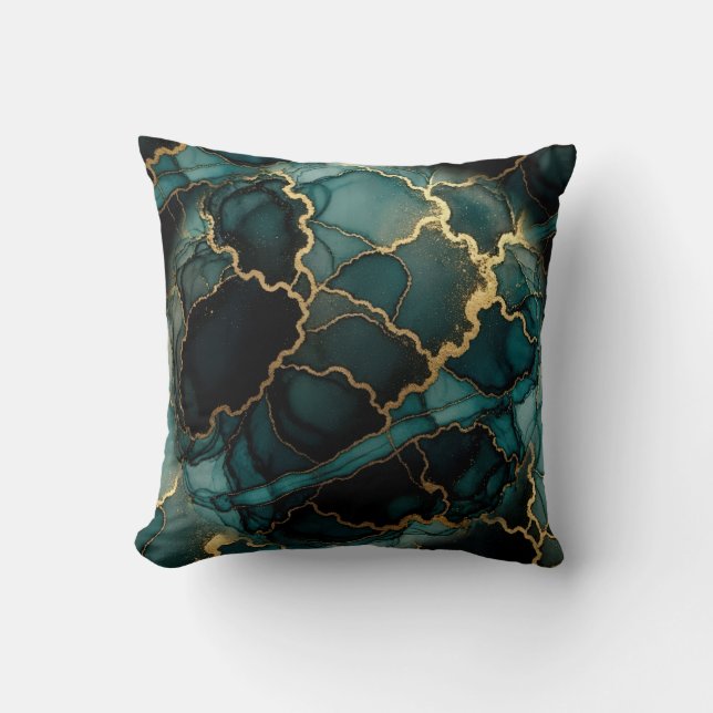 Turquoise + Gold Alcohol Ink Marble Throw Pillow (Front)