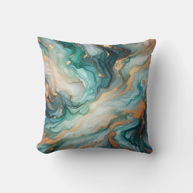 Turquoise + Gold Alcohol Ink Marble Throw Pillow (Front)