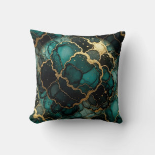 Turquoise + Gold Alcohol Ink Marble Throw Pillow