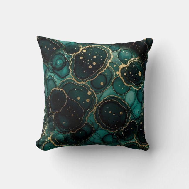 Turquoise + Gold Alcohol Ink Marble Throw Pillow (Front)
