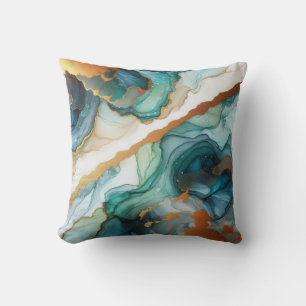 Turquoise + Gold Alcohol Ink Marble Throw Pillow