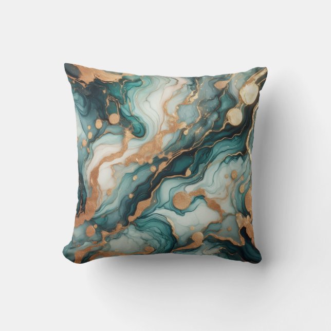 Turquoise + Gold Alcohol Ink Marble Throw Pillow (Front)