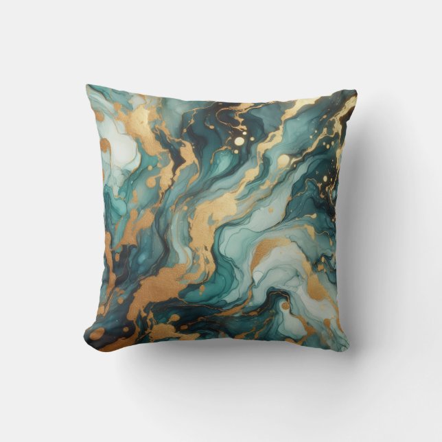 Turquoise + Gold Alcohol Ink Marble Throw Pillow (Front)
