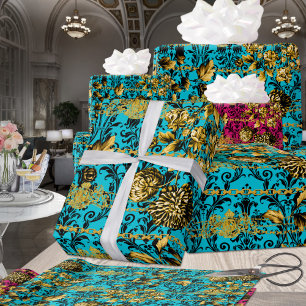Turquoise Gold Black Acanthus Leaf Floral Elegant Wrapping Paper