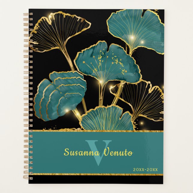 Turquoise Gold Black Ginkgo Leaf Art botanique (Devant)