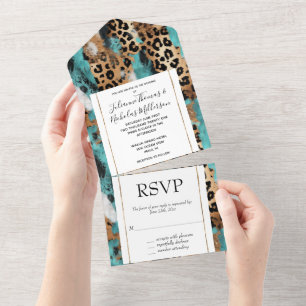 Turquoise Gold Black Leopard All In One Invitation