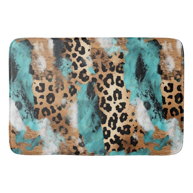 Turquoise Gold Black Leopard Bath Mat (Front)