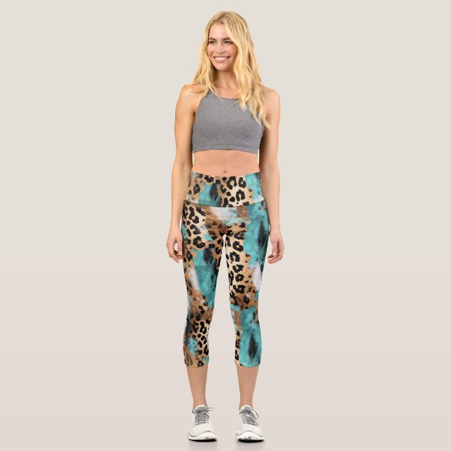 Turquoise Gold Black Leopard Capri Leggings (Front)