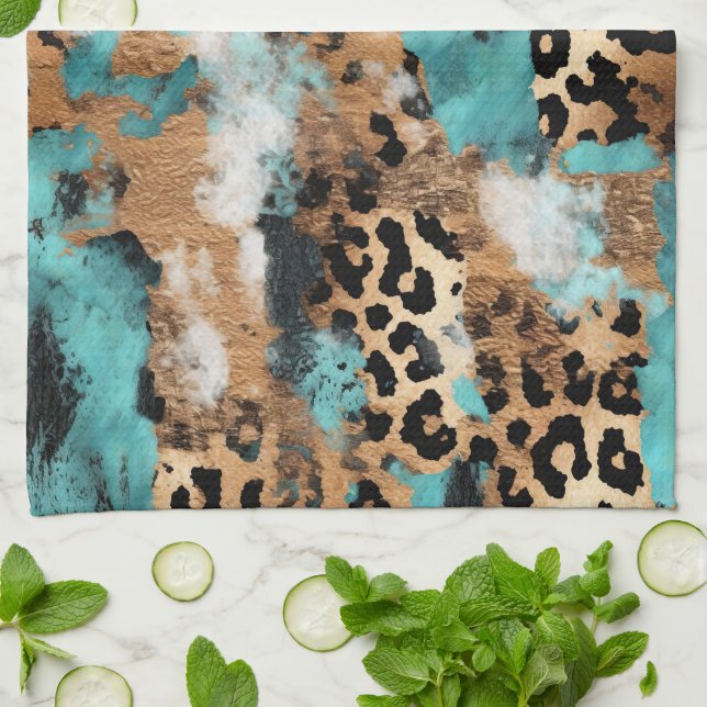 Turquoise Gold Black Leopard Kitchen Towel (Folded)