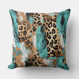 Turquoise Gold Black Leopard Throw Pillow