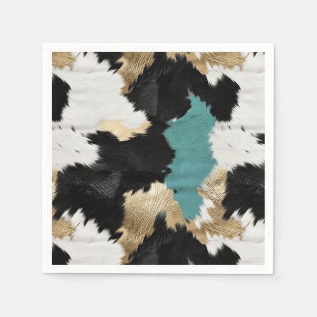 Turquoise Gold, Black White Cowhide Napkin (Front)