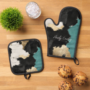Turquoise Gold, Black White Cowhide Oven Mitt & Pot Holder Set
