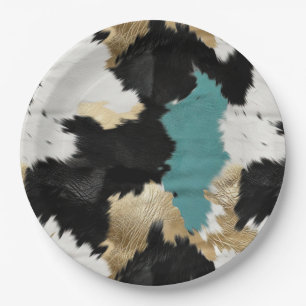Turquoise Gold, Black White Cowhide Paper Plate
