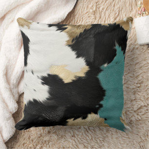 Turquoise Gold, Black White Cowhide Throw Pillow