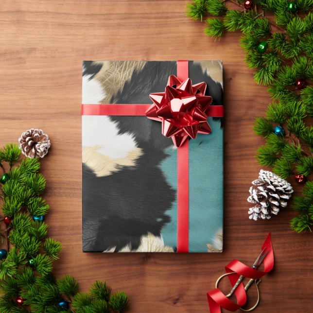 Turquoise Gold, Black White Cowhide Wrapping Paper (Holiday Gift)