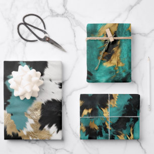 Turquoise Gold, Black White Cowhide Wrapping Paper Sheet