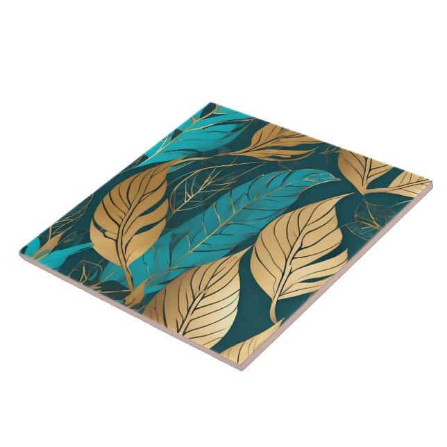 Turquoise Gold Boho Leaves Modern Collection Tile (Side)