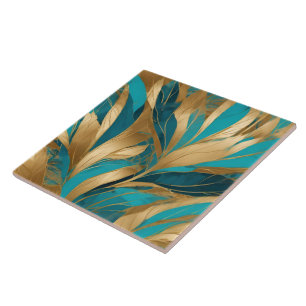 Turquoise Gold Boho Leaves Popular Collection Tile