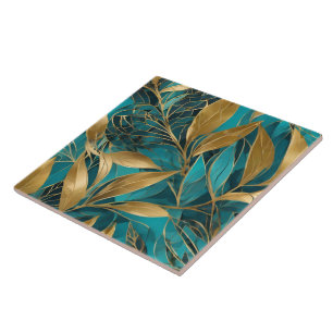 Turquoise Gold Boho Leaves Trendy Collection Tile