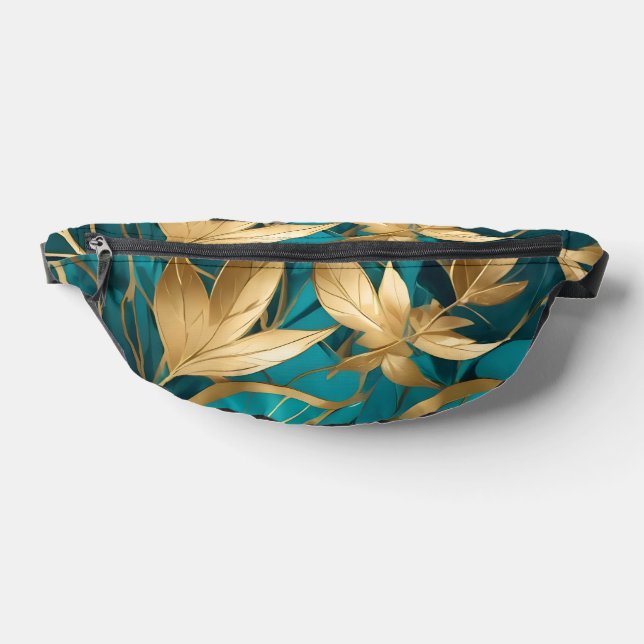 Turquoise Gold Boho Popular Leaves Collection Fanny Pack (Lay Down)