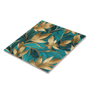 Turquoise Gold Boho Popular Leaves Collection Tile