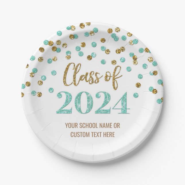 Turquoise Gold Confetti Graduation 2024 Paper Plate (Front)