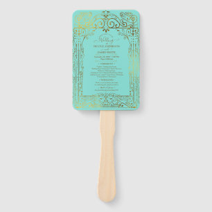 Turquoise Gold Deco Chic Glam Wedding Program  Hand Fan
