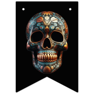Turquoise Gold Día de los Muertos Skull Bunting Flags