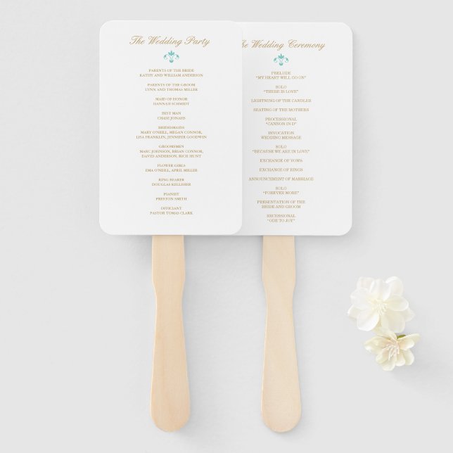 Turquoise & Gold Elegant Ironwork Wedding Program Hand Fan (Front and Back)