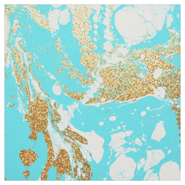 Turquoise gold faux glitter modern marble pattern fabric (Swatch)