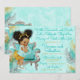 Turquoise Gold Feather Baby Shower Invitation