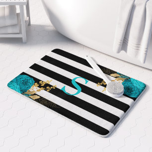 Turquoise Gold Floral Monogram Black White Stripes Bath Mat