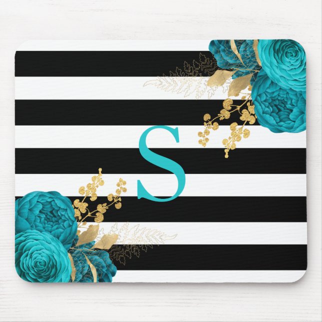 Turquoise Gold Floral Monogram Black White Stripes Mouse Pad (Front)