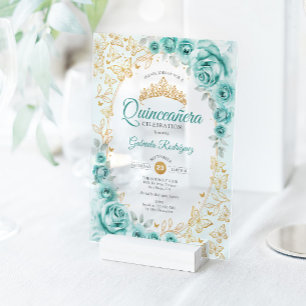 Turquoise Gold Floral Quinceanera Acrylic Invitations