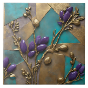 Turquoise & Gold Floral Relief Art with Purple  Tile