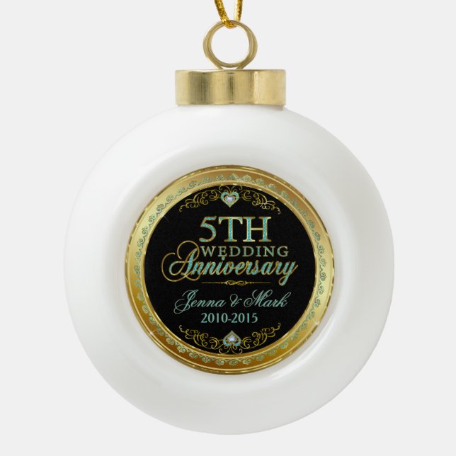 Turquoise & Gold Frame & 5th Wedding Anniversary Ceramic Ball Christmas Ornament (Front)