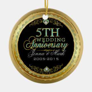 Turquoise & Gold Frame & 5th Wedding Anniversary Ceramic Ornament