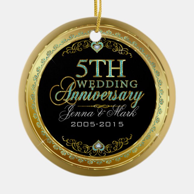 Turquoise & Gold Frame & 5th Wedding Anniversary Ceramic Ornament (Front)