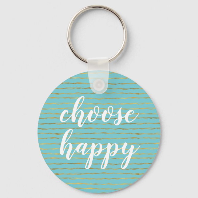 Turquoise Gold Glam Stripes Happy Keychain (Front)