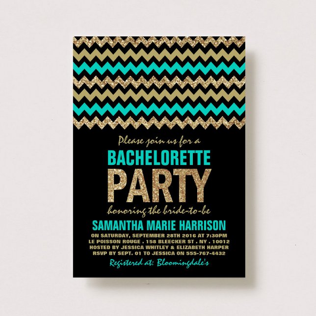 Turquoise, Gold Glitter Chevron Bachelorette Party Invitation (Creator Uploaded)