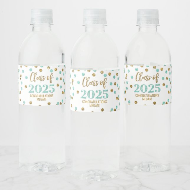 Turquoise Gold Glitter Class of 2025 Graduation Water Bottle Label (Bottles)