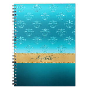 Turquoise Gold Glitter Elegant Glam Personalized Notebook