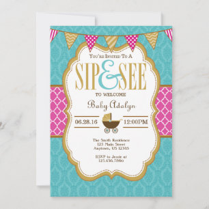 Turquoise Gold Hot rose Sip Et Voir Invitation
